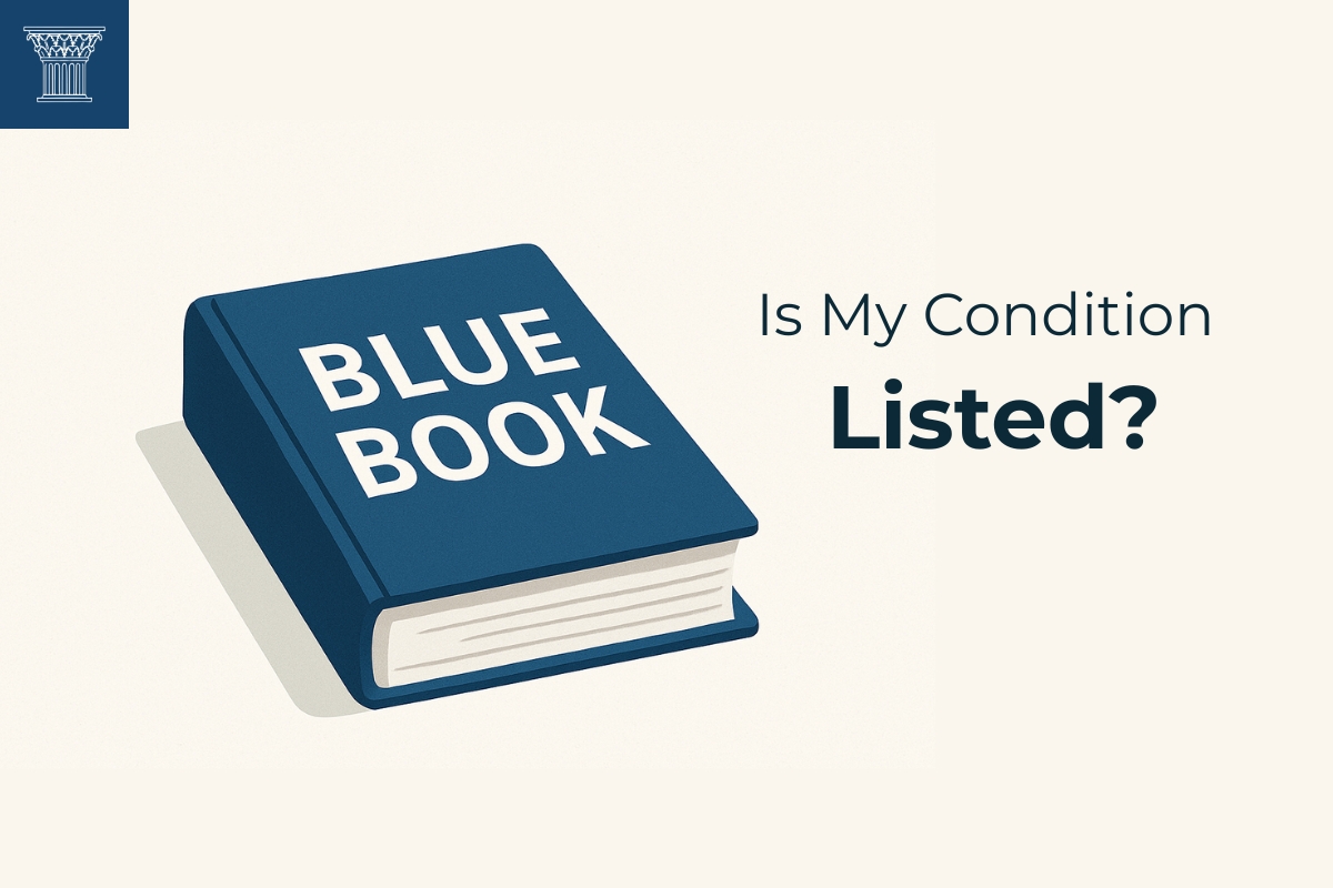 A flat-style digital illustration of a navy blue book titled "BLUE BOOK" resting on a clean, off-white background, symbolizing the Social Security Administration’s disability listings guide.