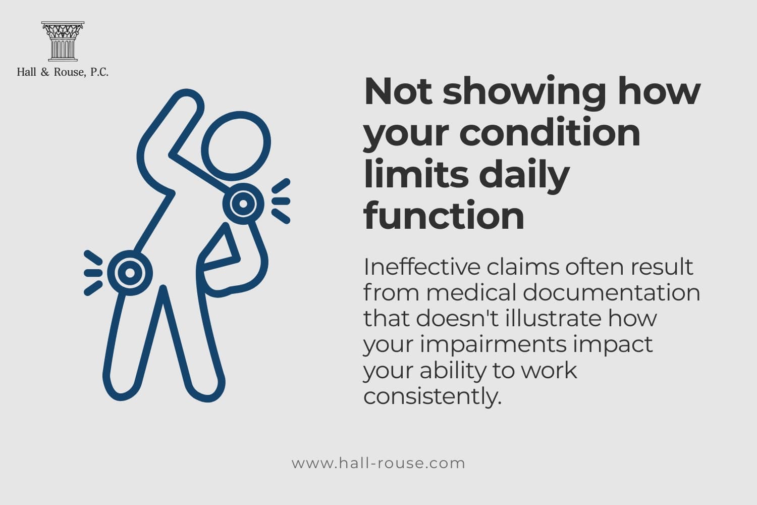 Graphic of a person with pain markers on joints, symbolizing how failing to show how a condition limits daily functioning can weaken a disability claim.
